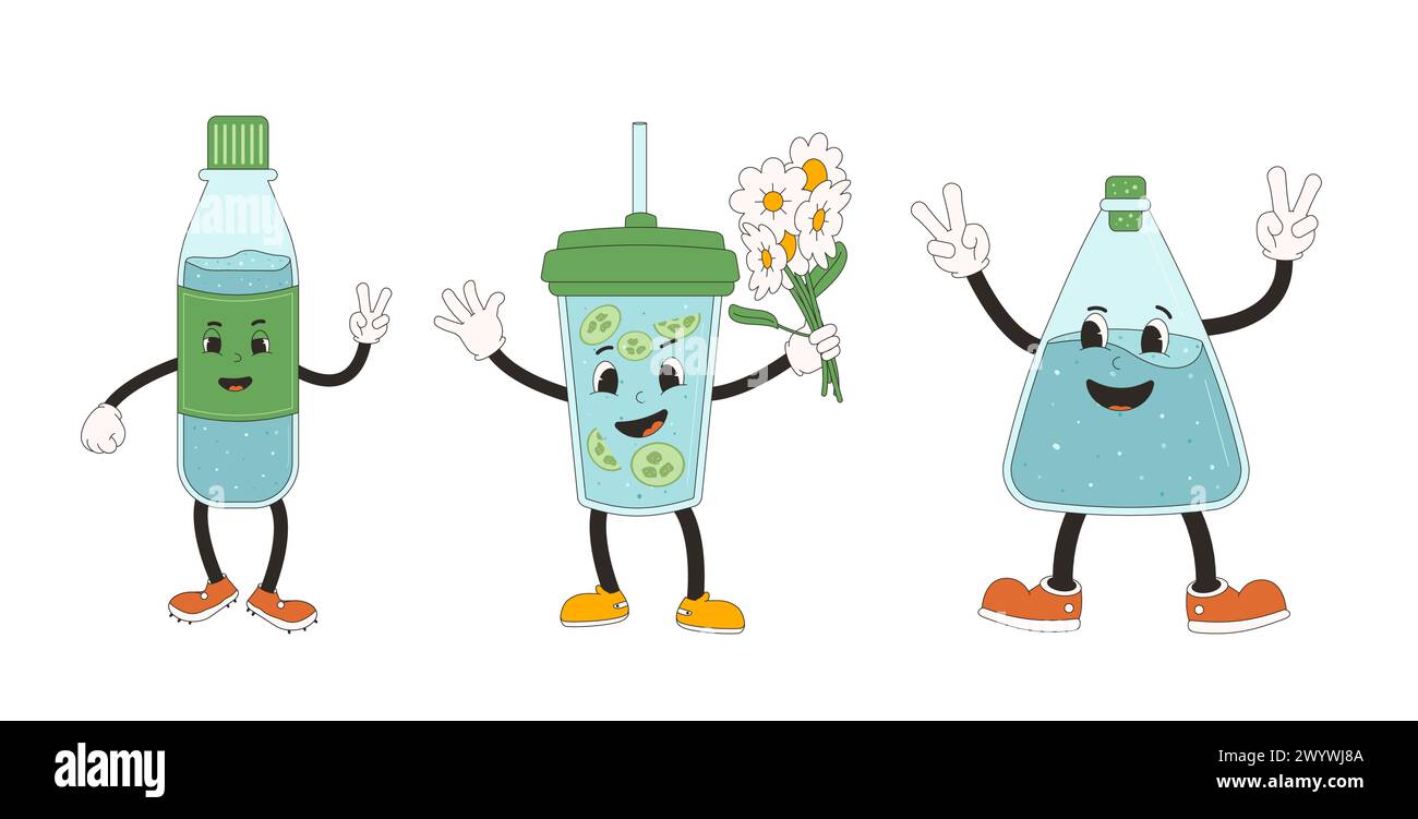Retro cartoon characters of bottle and glass of water. Drink rubber hose animation style groovy mascots. Drink more water cards. Ecologic and wellness Stock Vector
