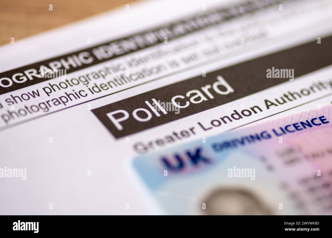 London. UK- 03.29.2024. An official poll card for the Greater London Authorities elections and a UK photo driving licence as prove of identity. Stock Photo