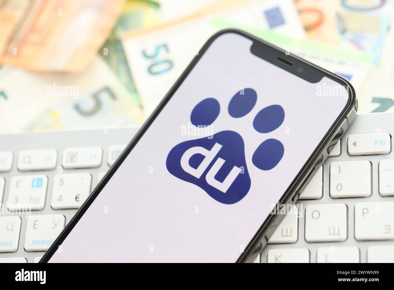 KYIV, UKRAINE - APRIL 1, 2024 Baidu icon on smartphone screen on many ...