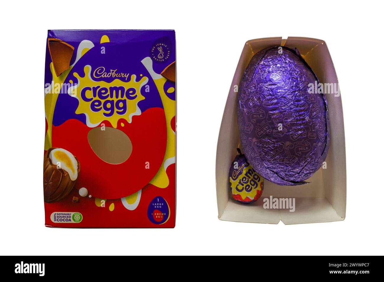 Cadbury Creme Egg Easter Egg box with Easter egg and creme egg removed from packaging isolated on white background Stock Photo