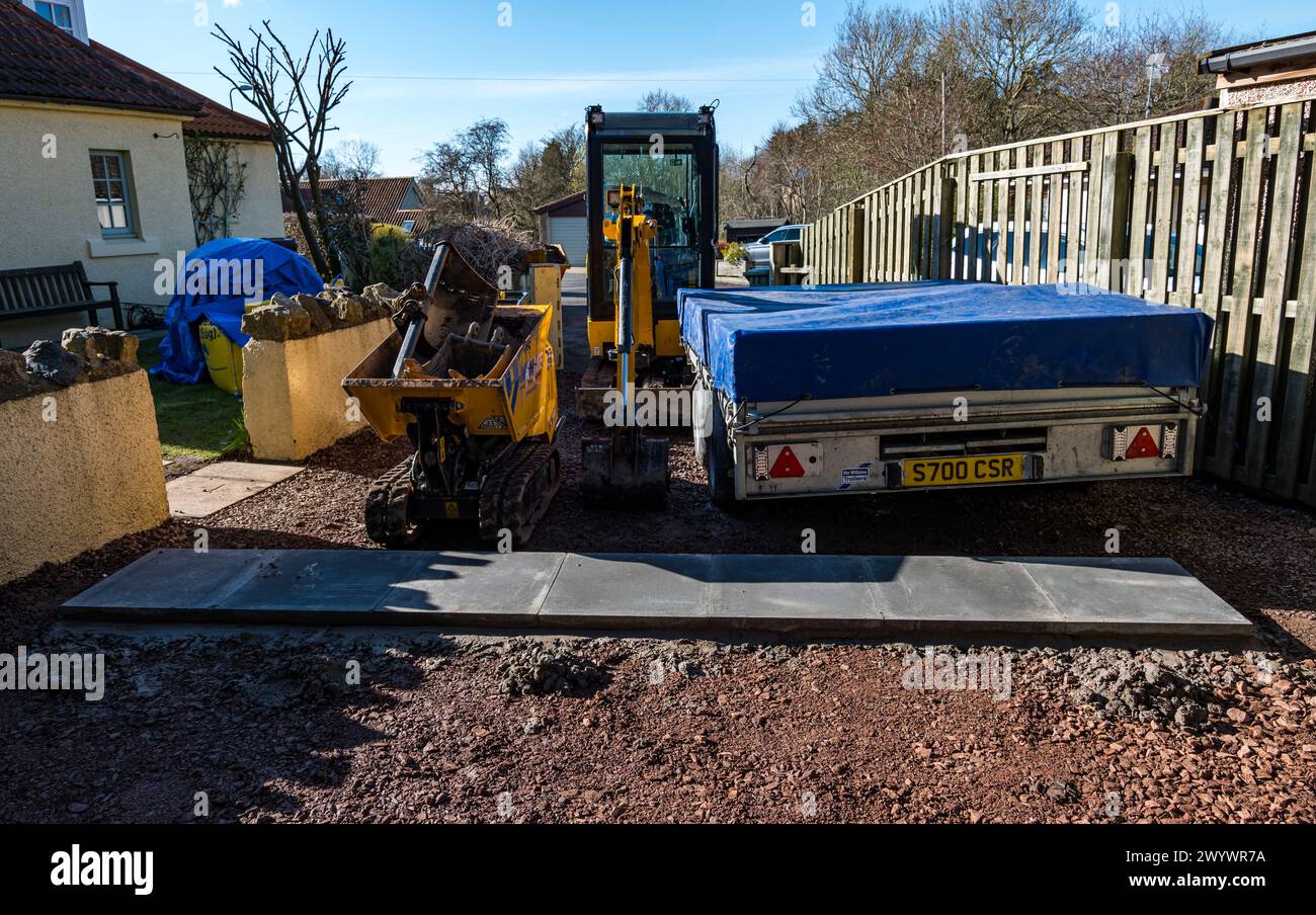 Equipment and tools for construction of a slab base for garden room, Scotland, UK Stock Photo