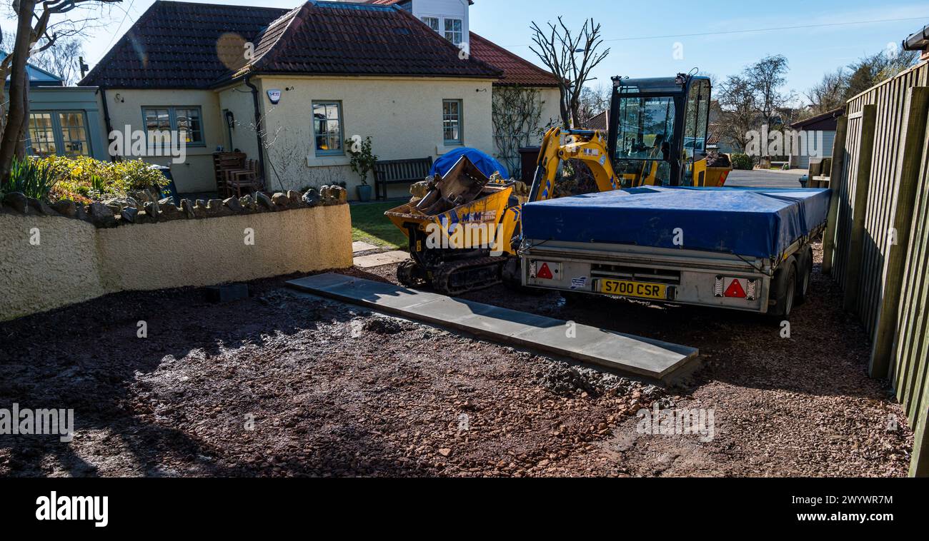 Equipment and tools for construction of a slab base for garden room, Scotland, UK Stock Photo