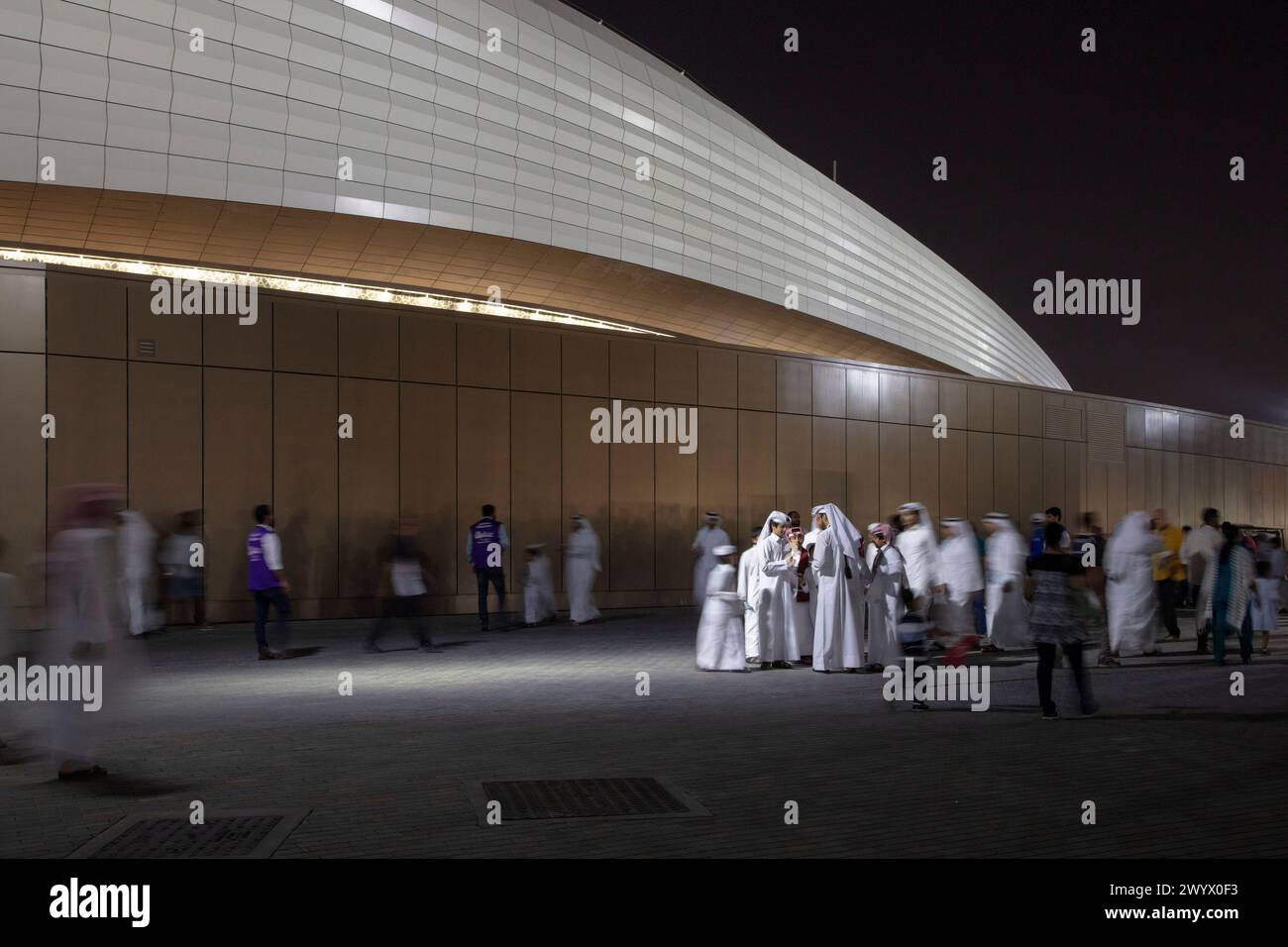 Night time inaugural match at the Stadium. Al Janoub Stadium  aka  Al Wakrah Stadium, Doha, Qatar. Architect: Zaha Hadid Architects, 2019. Stock Photo