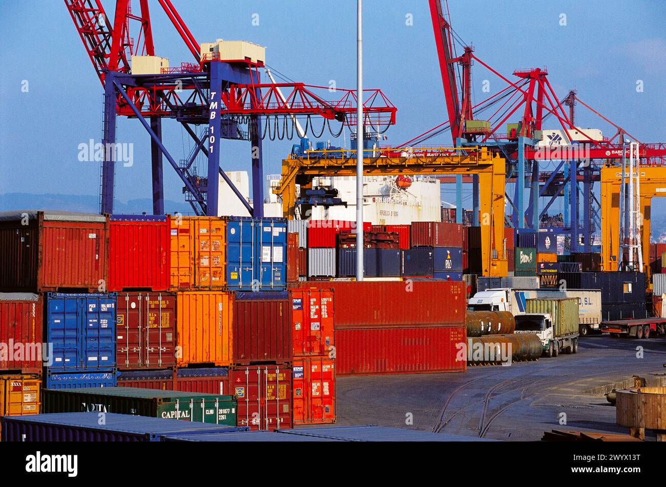 Cargo containers and cranes at port of Bilbao, Santurtzi. Biscay, Euskadi, Spain. Stock Photo