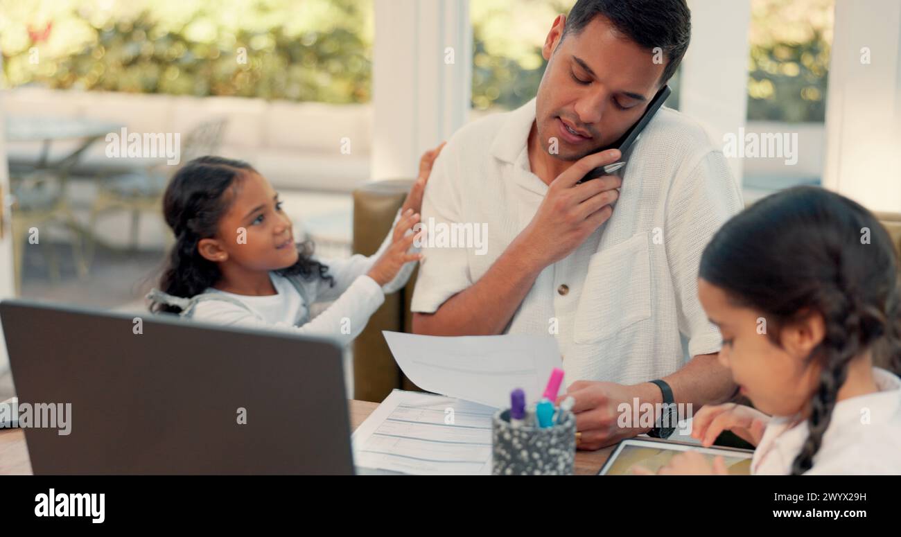 Busy, phone call and dad with kids, stress from children or frustrated, angry father to multitask, work and childcare. Home, working with distraction Stock Photo