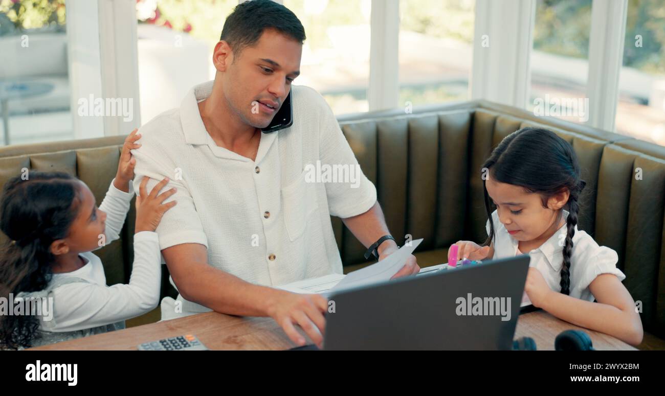 Phone call, busy dad and stress from kids, children or frustrated, angry father to multitask, work and childcare. Home, working with distraction and Stock Photo