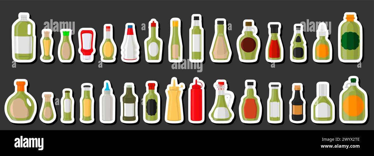 Illustration kit varied glass bottles filled liquid sauce guacamole, bottles consisting from guacamole sauce, empty labels for titles, sauce guacamole Stock Vector