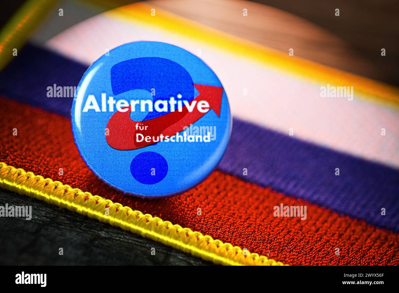 AfD Party Badge On A Flag Of Russia With A Question Mark, Symbolic Photo For A Possible Proximity Of The AfD To Russia, Photomontage Stock Photo