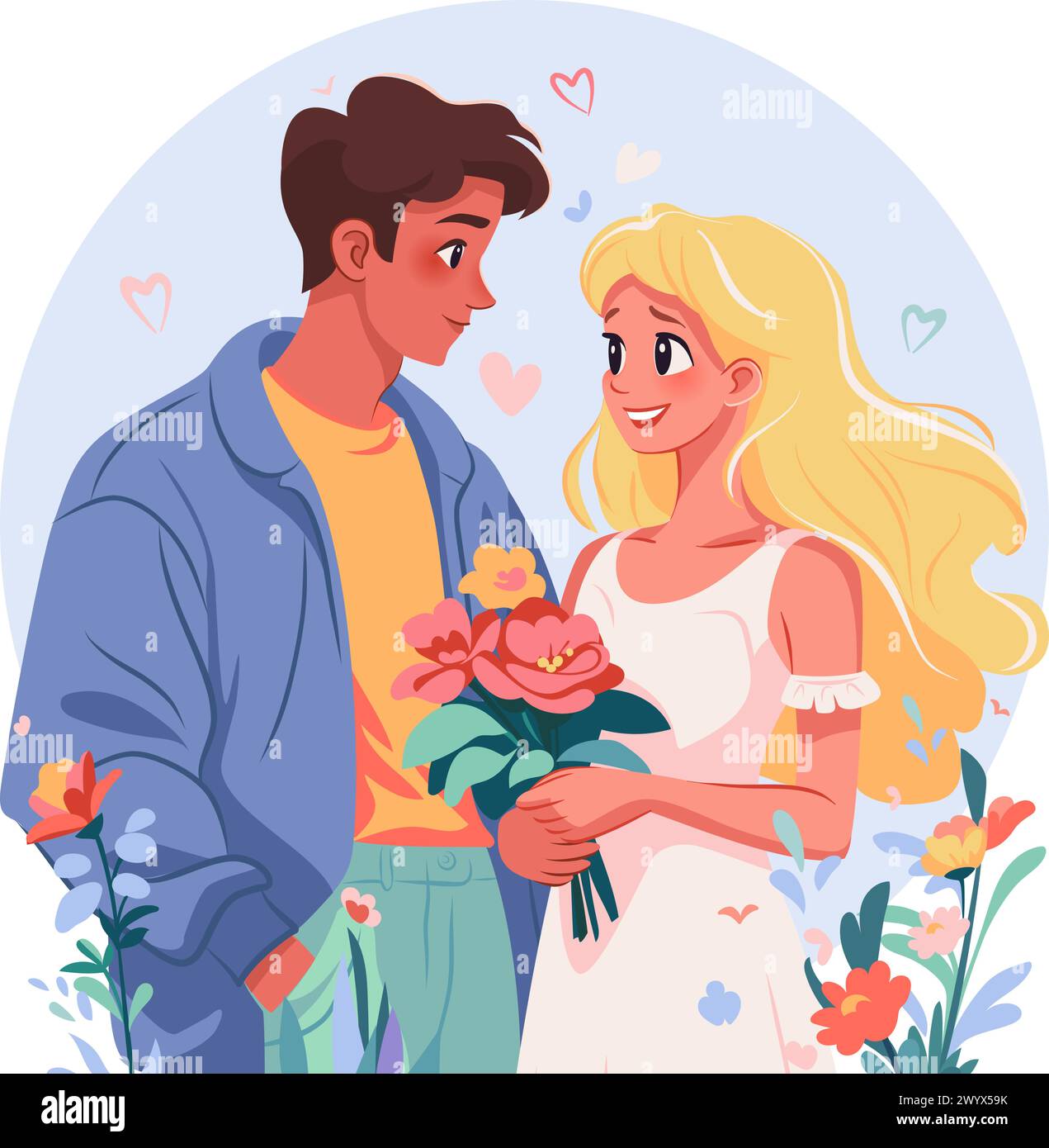 Cheerful boy gives flower to sweet blond girl. First love concept. Vector flat illustration Stock Vector