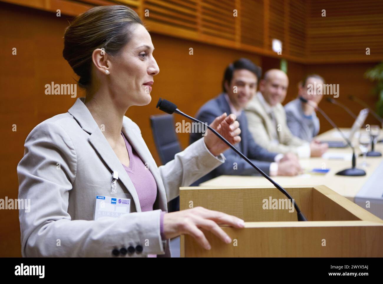Conventioneers in lecture hall, convention center, Kursaal Center. San Sebastian, Guipuzcoa, Basque Country, Spain. Stock Photo