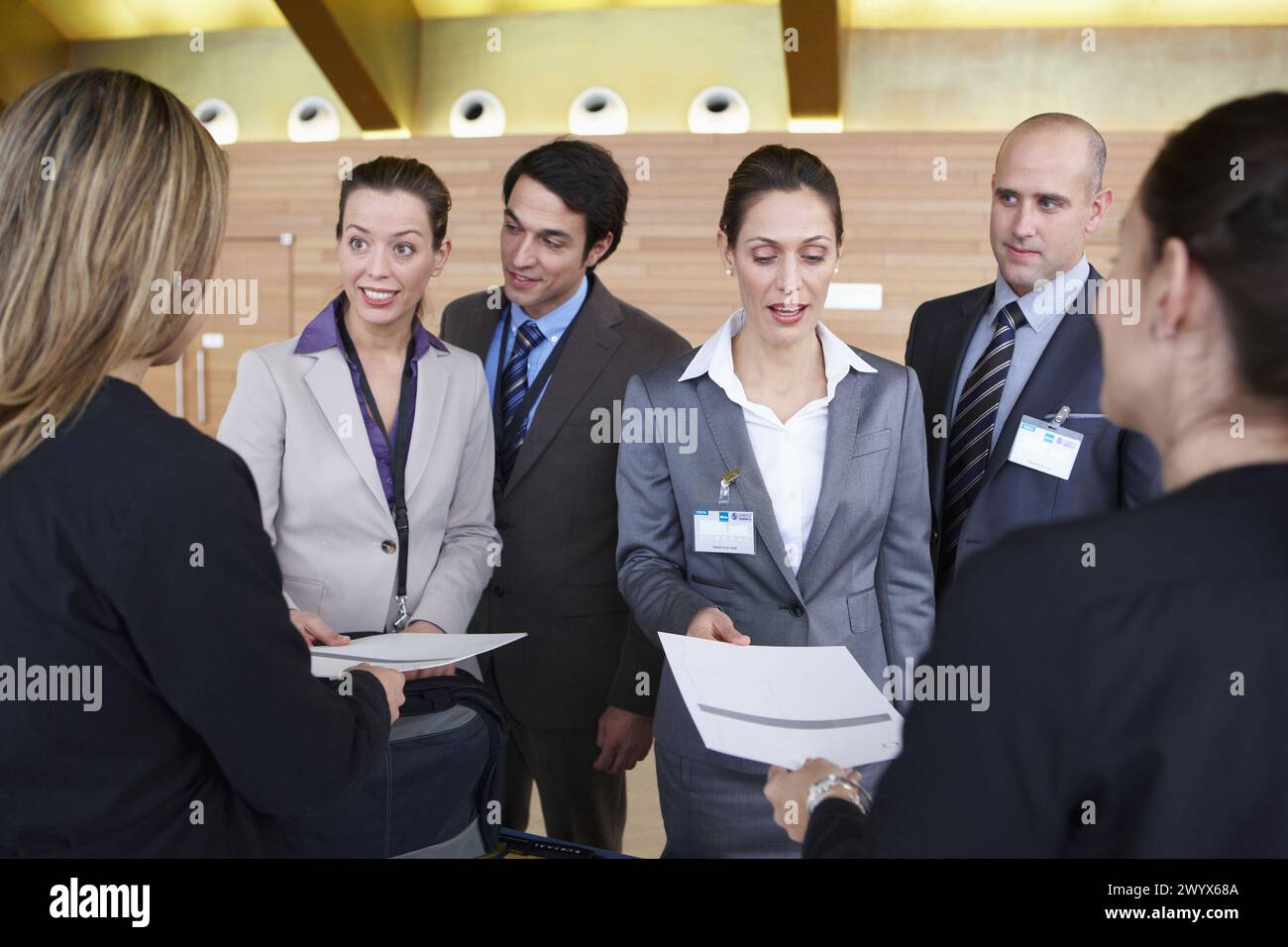 Supplying documentation to conventioneers, convention center, Kursaal Center. San Sebastian, Guipuzcoa, Basque Country, Spain. Stock Photo