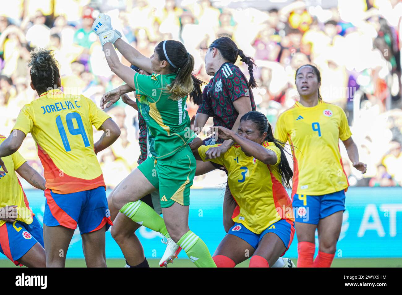 Orlando, Florida, April 6, 2024, Colombia goalkeeper Sandra Sepulveda #12 punches the ball in defense in a Friendly Match at Inter&Co Stadium. (Photo Credit: Marty Jean-Louis/Alamy Live News Stock Photo