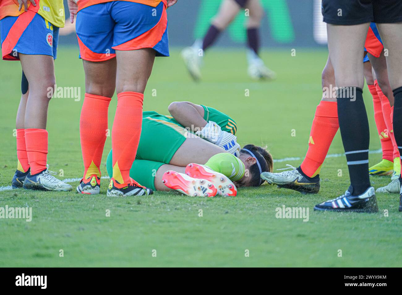 Orlando, Florida, April 6, 2024, Colombia goalkeeper Sandra Sepulveda #12 on the ground in pain in a Friendly Match at Inter&Co Stadium. (Photo Credit: Marty Jean-Louis/Alamy Live News Stock Photo