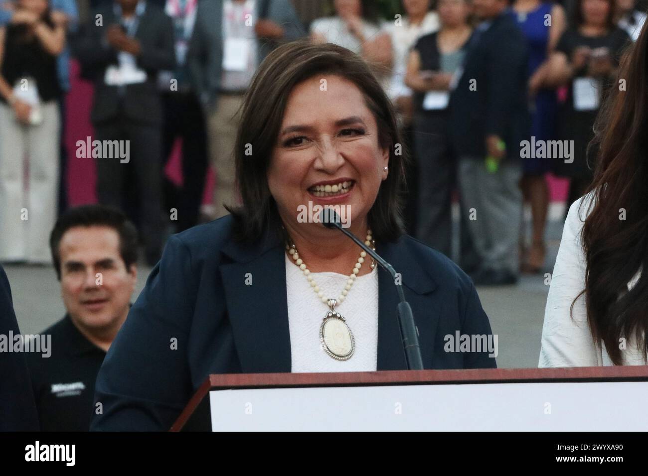 Mexico City, Mexico. 07th Apr, 2024. Xóchitl Gálvez, candidate for the presidency of Mexico for the Fuerza y Corazon por Mexico Coalition, speaks prior the first presidential televised debate ahead elections in Mexico. Credit: Eyepix Group/Alamy Live News Stock Photo