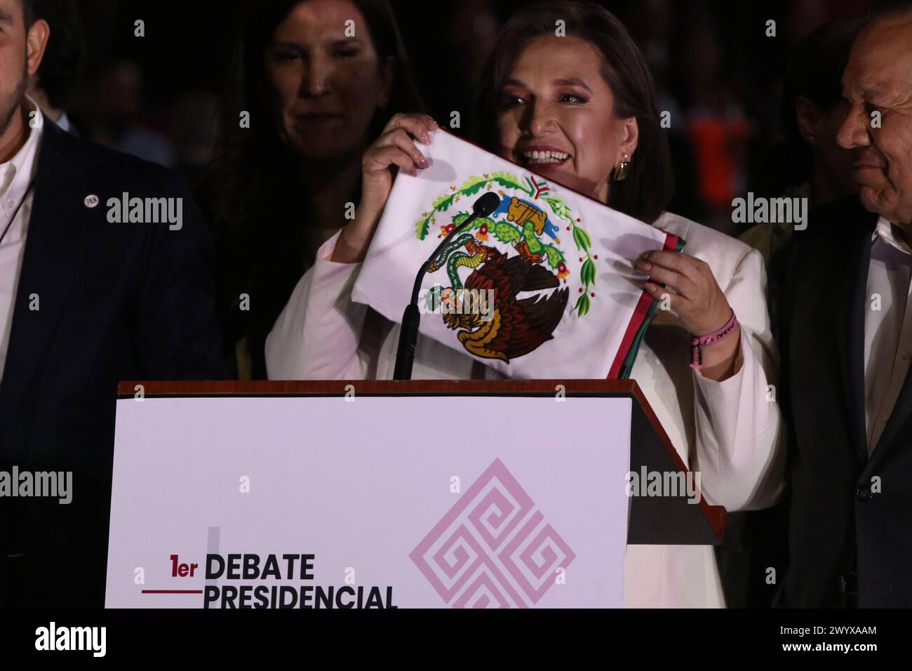 Mexico City, Mexico. 08th Apr, 2024. Xóchitl Gálvez, candidate for the presidency of Mexico for the Fuerza y Corazon por Mexico Coalition, speaks after the first presidential televised debate ahead elections in Mexico. Credit: Eyepix Group/Alamy Live News Stock Photo