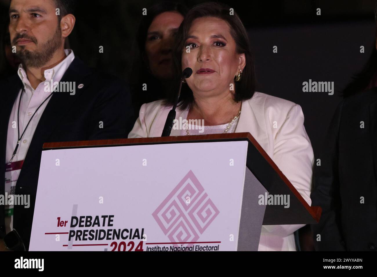 Mexico City, Mexico. 08th Apr, 2024. Xóchitl Gálvez, candidate for the presidency of Mexico for the Fuerza y Corazon por Mexico Coalition, speaks after the first presidential televised debate ahead elections in Mexico. Credit: Eyepix Group/Alamy Live News Stock Photo