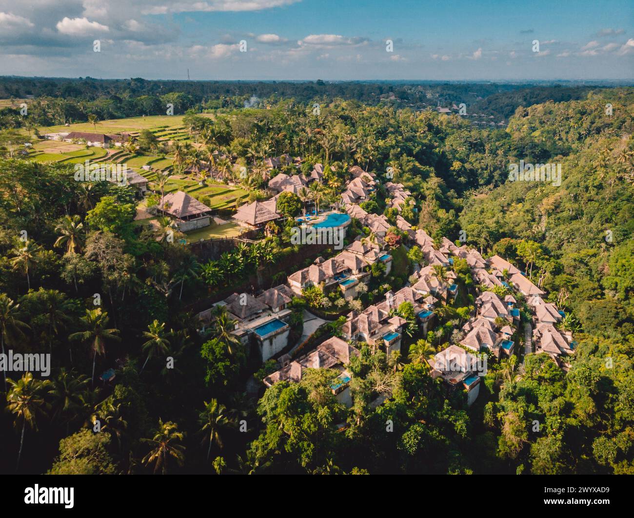 Aerial view of luxury hotel with straw roof villas and pools in ...