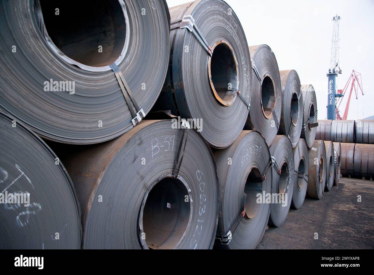 Steel sheet rolls, Port of Bilbao, Santurtzi. Biscay, Euskadi, Spain. Stock Photo