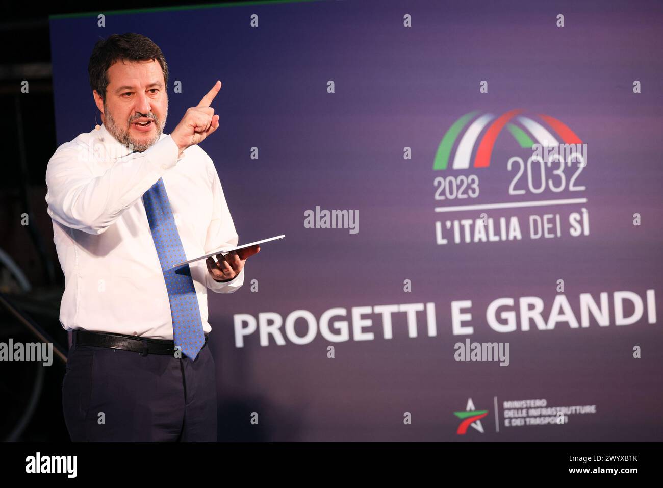 Naples, Italy. 08th Apr, 2024. Naples - Portici 04-08-2024 Pietrarsa Museum in the photo the Minister Matteo Salvini (NeaPhoto Alessandro Garofalo) Editorial Usage Only Credit: Independent Photo Agency/Alamy Live News Stock Photo