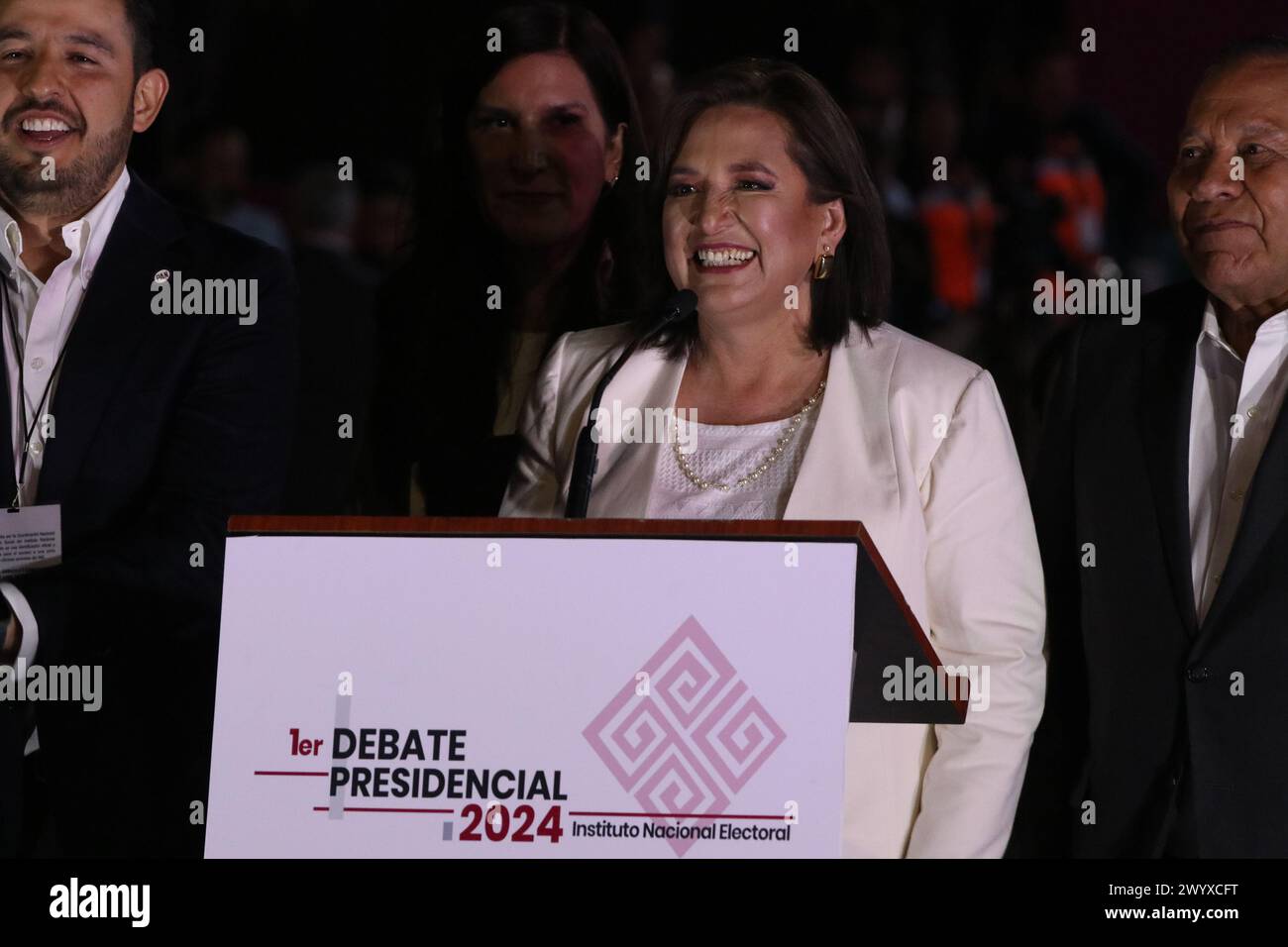 XÃ³chitl GÃ¡lvez, candidate for the presidency of Mexico for the Fuerza y Corazon por Mexico Coalition, speaks after the first presidential televised debate ahead elections in Mexico. (Credit Image: © José Luis Torales/eyepix via ZUMA Press Wire) EDITORIAL USAGE ONLY! Not for Commercial USAGE! Stock Photo