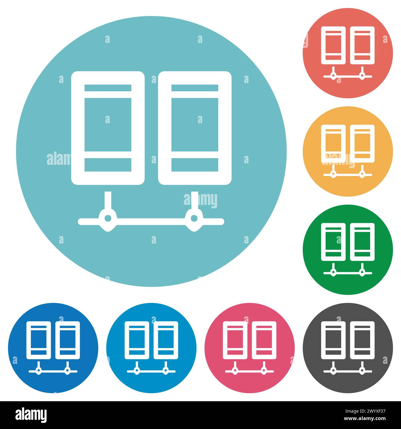 Network servers outline flat white icons on round color backgrounds ...