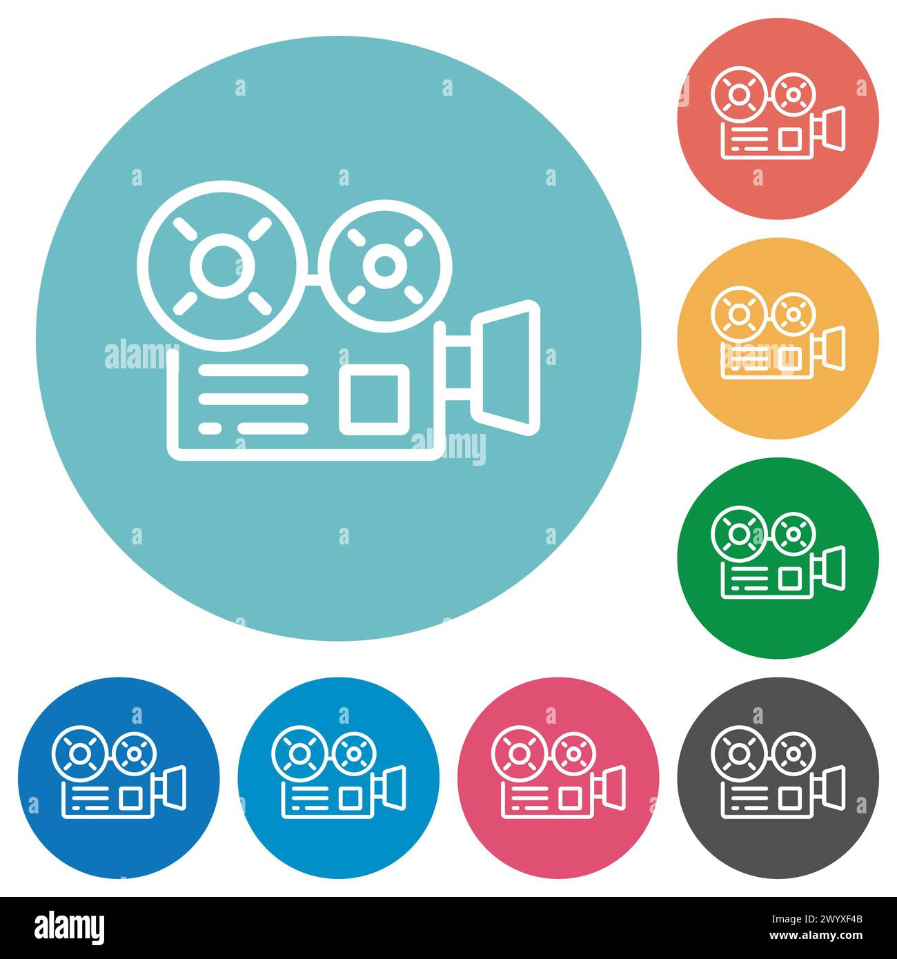Movie camera outline flat white icons on round color backgrounds Stock Vector