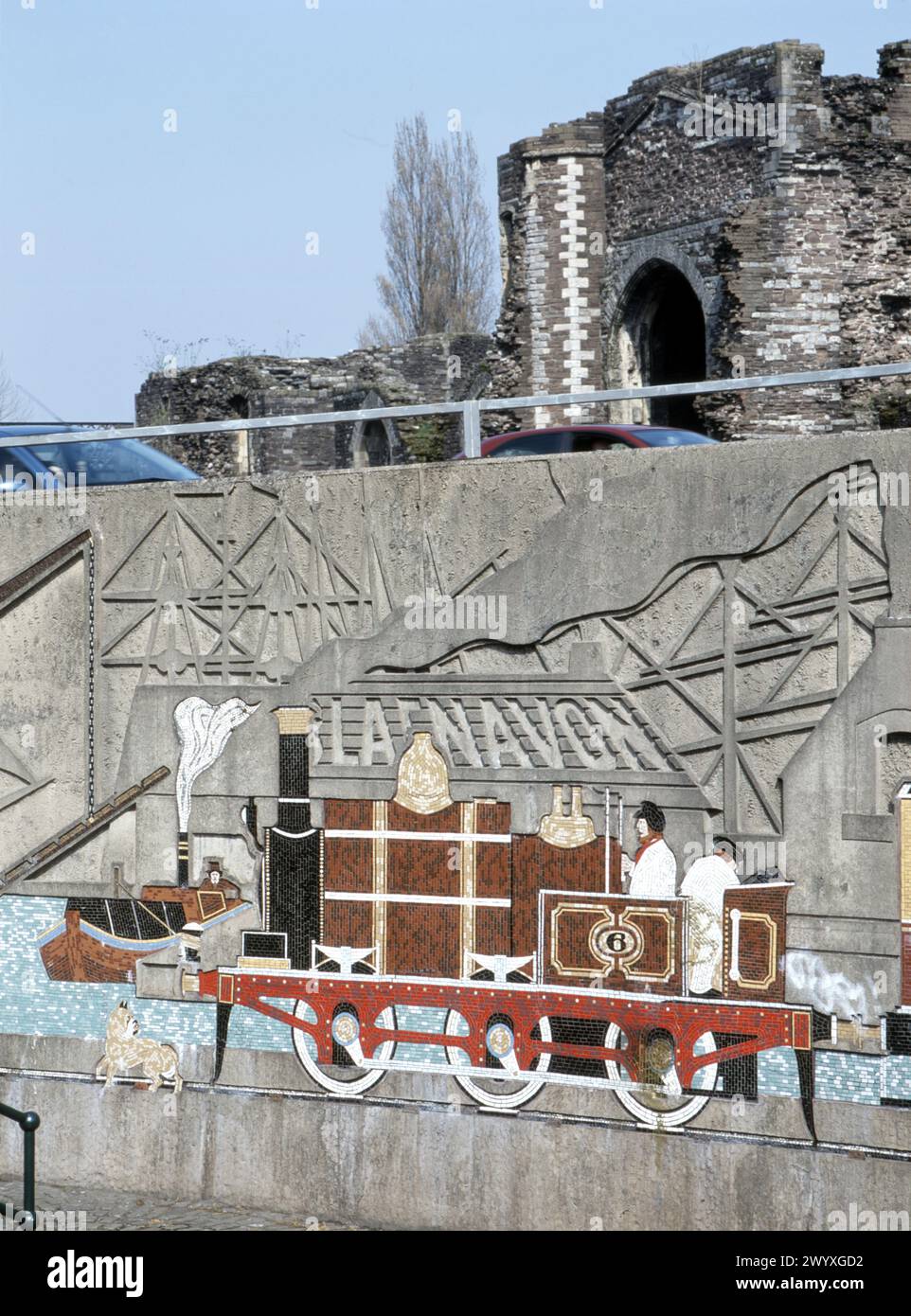 The Old Green Roundabout Mural in Newport Gwent depicting industrial heritage – coal, railways and canals - in South Wales UK. Stock Photo