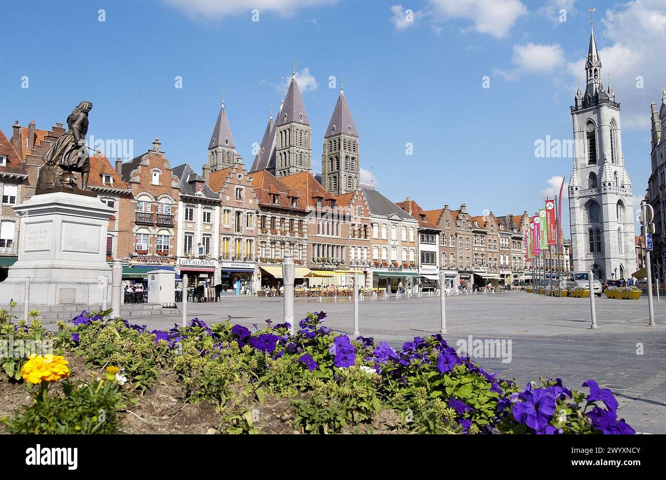 Grand Place with the statue of Christine de Lalaing on the left. Tournai. Hainaut, Belgium. Stock Photo