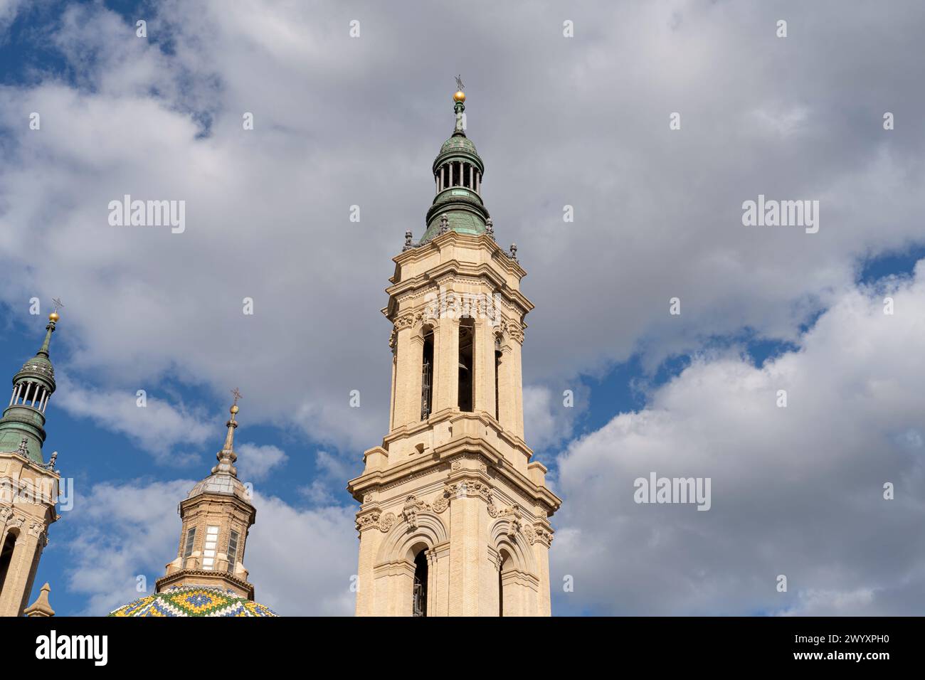 Tower of Basilica del Pilar, a fine example of Mudejar architecture, perfect for themes of religious and Spanish heritage Stock Photo