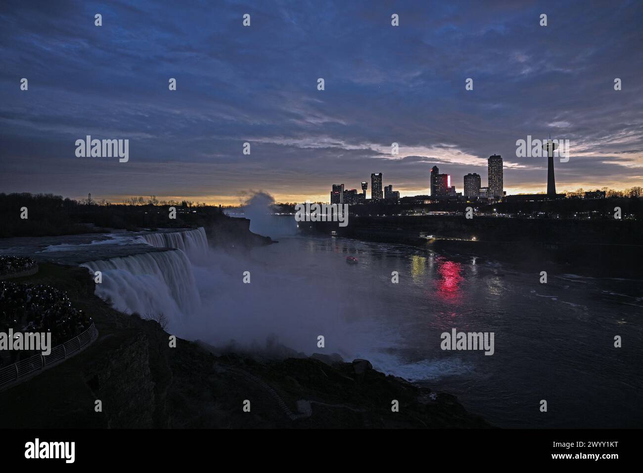 Niagara Falls is seen as a total solar eclipse is viewed over the Niagara Falls State Park, New York on Monday, April 8, 2024. Photo by Joe Marino/UPI Credit: UPI/Alamy Live News Stock Photo