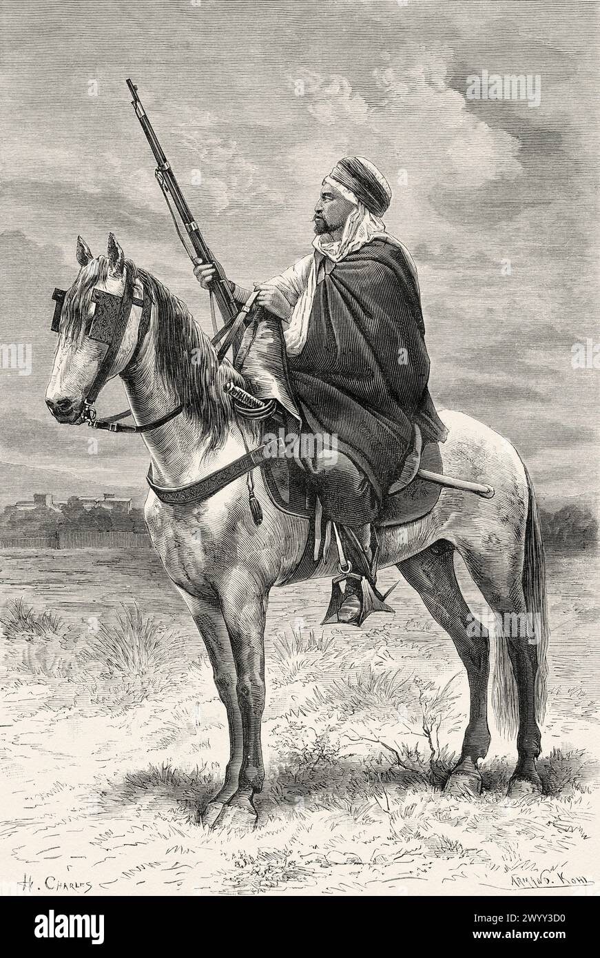 Spahi, were light-cavalry regiments of the French army recruited primarily from the Arab and Berber populations of Algeria, Tebessa. Oran Province, Algeria. Africa. Drawing by H. Charles, Tébessa and its monuments by Antoine Héron de Villefosse (1845 - 1919) Le Tour du Monde 1880 Stock Photo