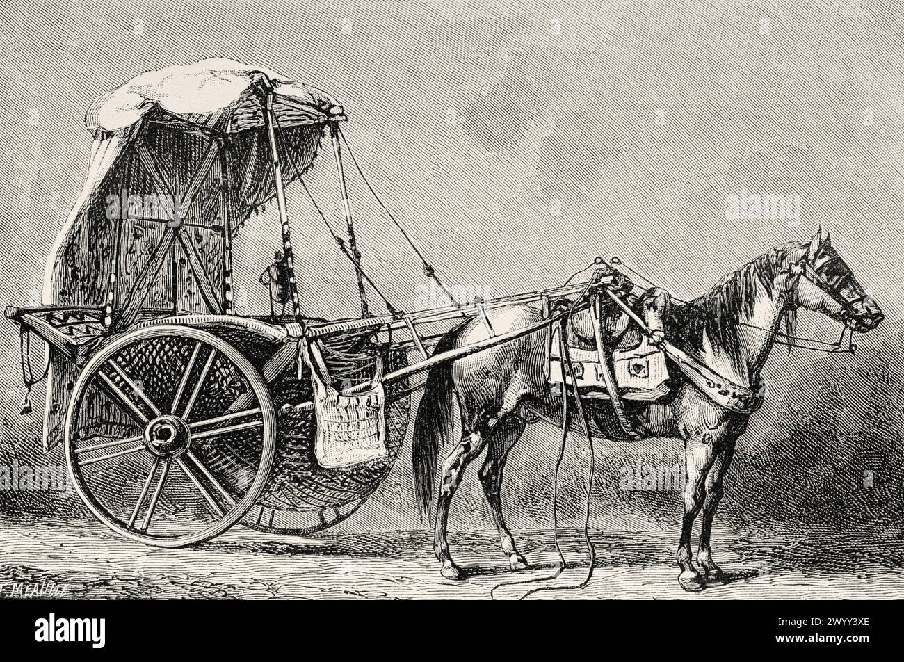 Traditional Hindu Carriage pulled by a horse typical from Punjab, Pakistan. Asia. Journey to Murree (Northern Himalayas) 1878. Drawings and texts by Evremond de Berard (1824 – 1881) Le Tour du Monde 1880 Stock Photo