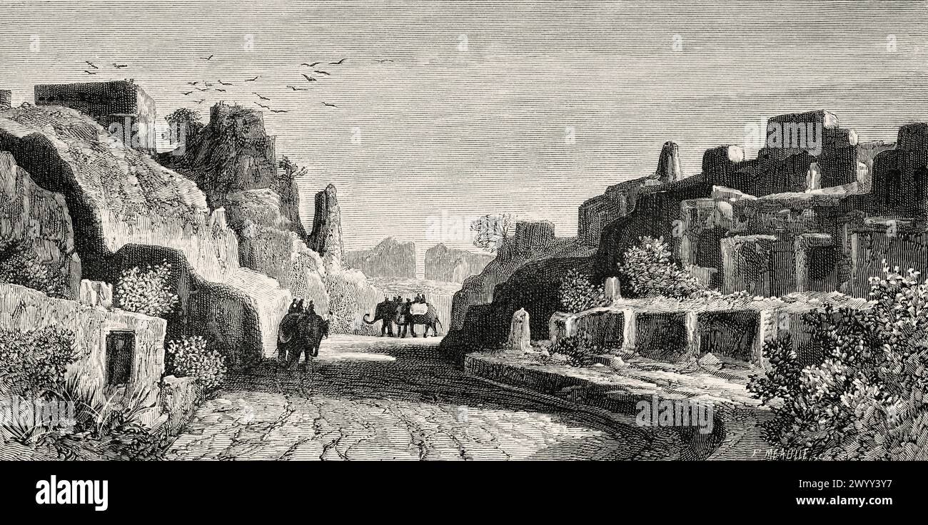 An abandoned town on the road from Rawalpindi to Attock, Punjab, Pakistan. Travel to Northern India. Excursion to Attock on the Indus river. Drawings and texts by Evremond de Berard (1824 – 1881) Le Tour du Monde 1880 Stock Photo