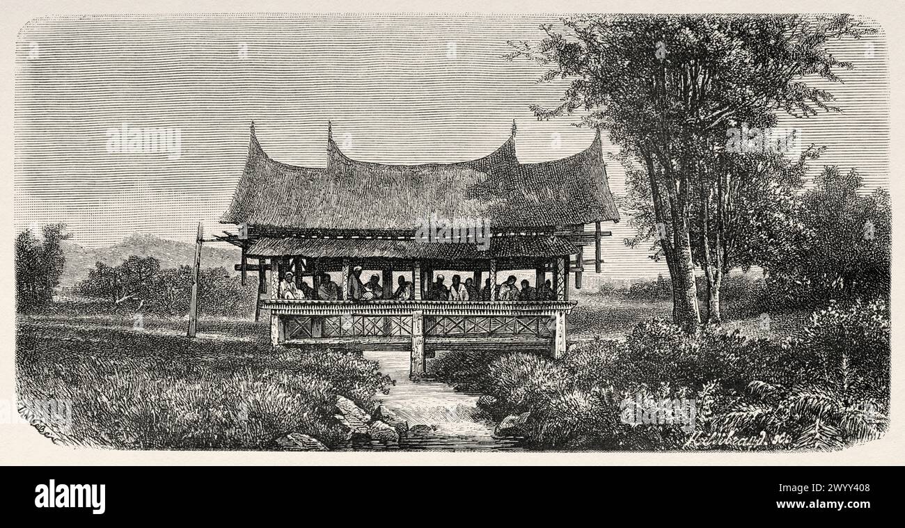 Covered bridge over the Goemanti river at Alahan Padang, Padangse Bovenlanden, Sumatra Island. Indonesia. Drawing by Theodore Alexander Weber (1838 - 1907) Across the island of Sumatra 1877 by Daniel David Veth (1850 - 1885) Le Tour du Monde 1880 Stock Photo