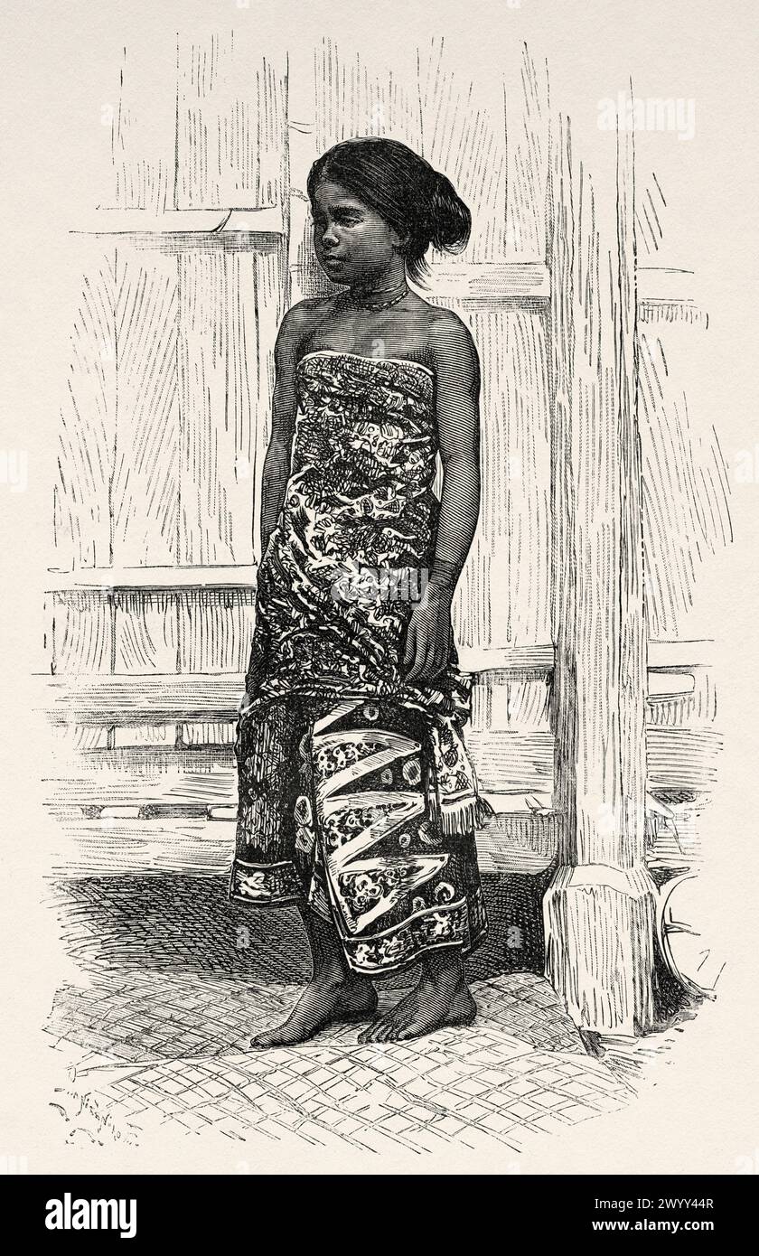 Portrait of Native gril from the Rawas department. An eight-year-old girl from Napal Litjin, Rawas district, Sumatra Island. Indonesia. Drawing by Ivan Pranishnikoff (1841 - 1909). Across the island of Sumatra 1877 by Daniel David Veth (1850 - 1885) Le Tour du Monde 1880 Stock Photo