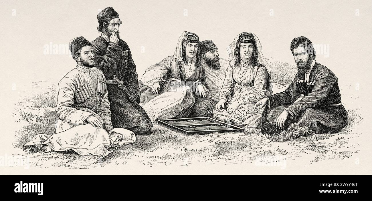 Georgian people from Imereti, Georgia. Eastern Europe.  Drawing by Achille Sirouy (1834 - 1904) Excursions in the Caucasus. From the Black Sea to the Caspian Sea 1875-1876 by Madame Clara Serena (1820 - 1884) Le Tour du Monde 1880 Stock Photo