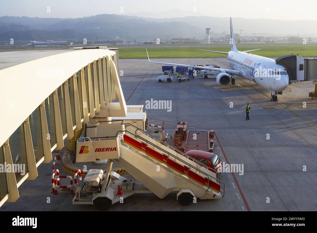 Planes at Bilbao Airport. Loiu, Biscay, Euskadi, Spain. Stock Photo