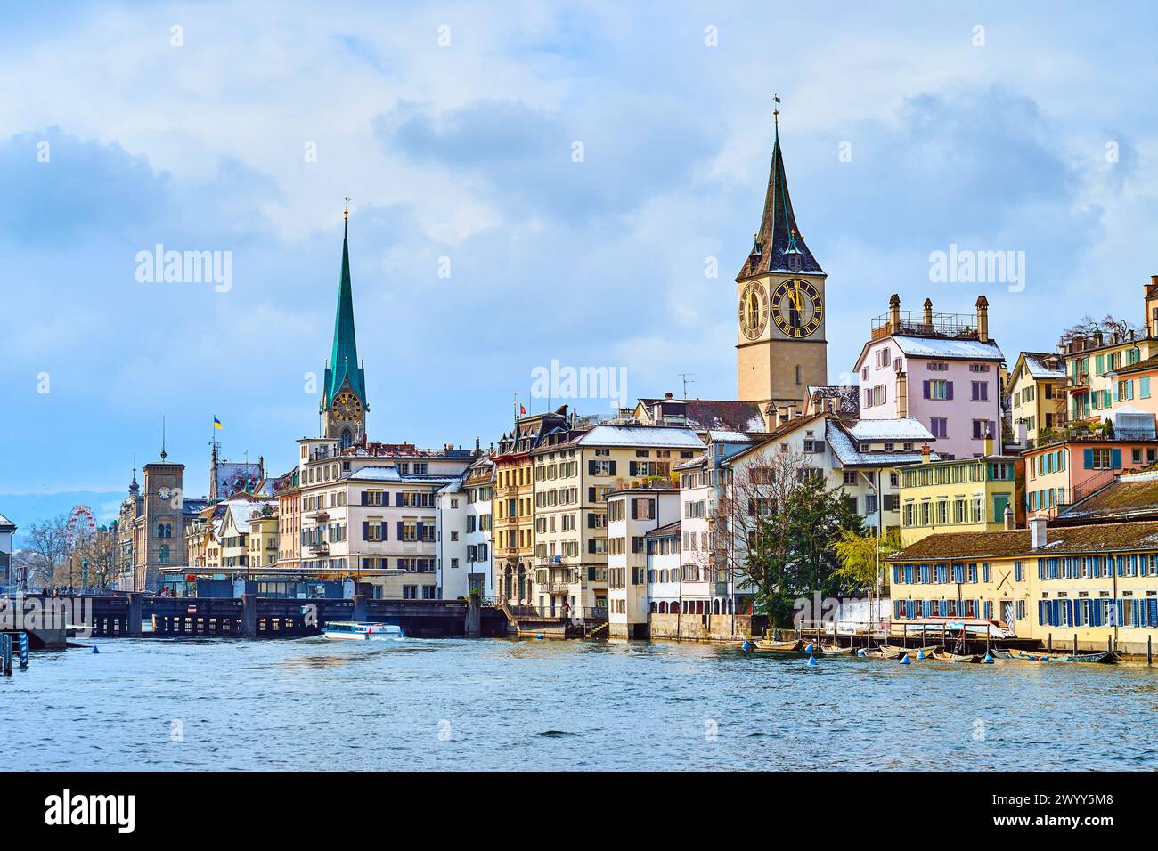 Lindenhof old houses and towers from Limmat River, Zurich, Switzerland Stock Photo