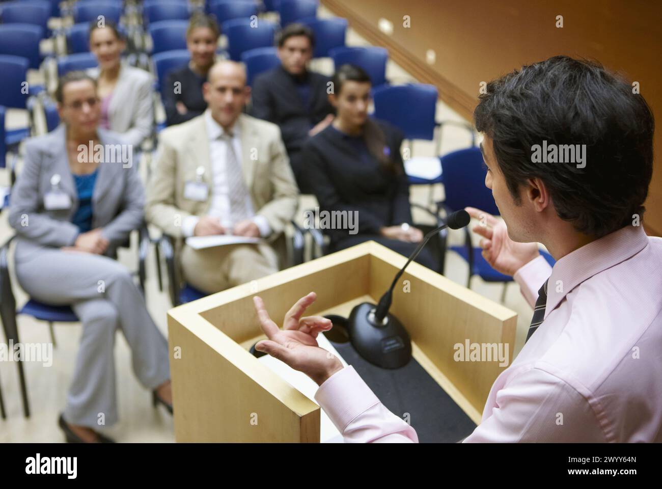Conventioneers in lecture hall, convention center, Kursaal Center. San Sebastian, Guipuzcoa, Basque Country, Spain. Stock Photo