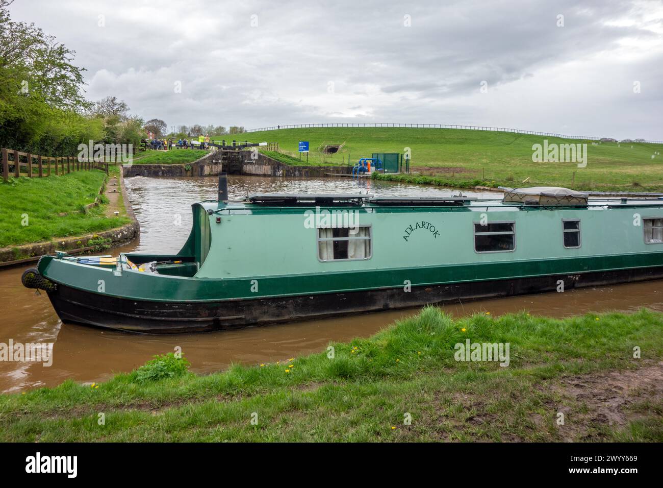 Canal narrowboat on the Shropshire Union canal heading South past the ...