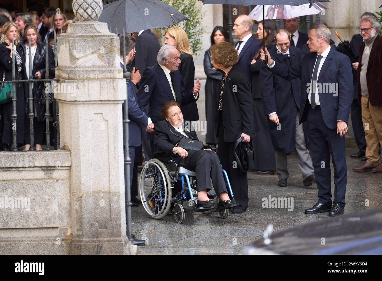 Madrid. Spain. 20240408,  The former Queen Sofia, Princess Cristina de Borbon, Carlos Zurita, Bruno Gomez-Acebo, Margarita de Borbon attends Mass Tribute For Fernando Gomez-Acebo in Madrid at Armed Forces Cathedral Church on April 8, 2024 in Madrid, Spain Stock Photo