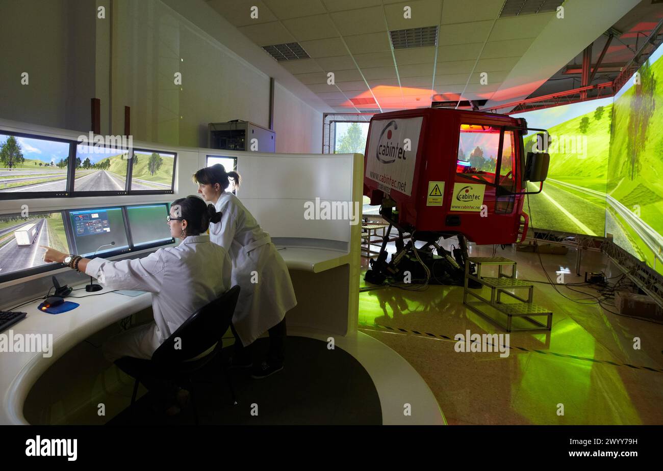 Mixed Simulator truck / bus System Integration in the architecture itself in actual vehicles Study of different HMI Human Machine Interface Group ITS Intelligent Transport System Simulation Area Department of Applied Mechanics CEIT Center of Studies and Technical Research University of Navarra, Donostia, Gipuzkoa, Basque Country, Spain. Stock Photo