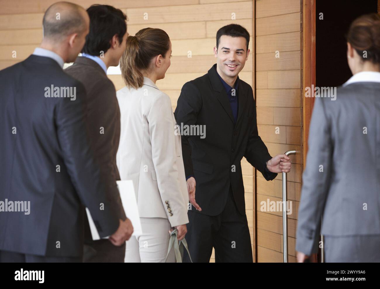 Conventioneers entering lecture hall, convention center, Kursaal Center. San Sebastian, Guipuzcoa, Basque Country, Spain. Stock Photo