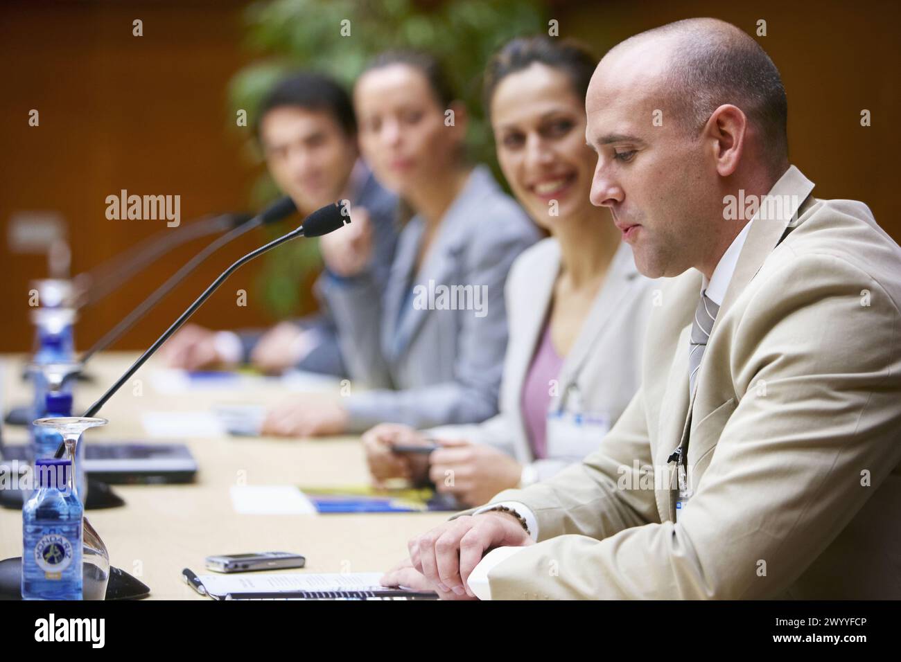 Conventioneers in lecture hall, convention center, Kursaal Center. San Sebastian, Guipuzcoa, Basque Country, Spain. Stock Photo