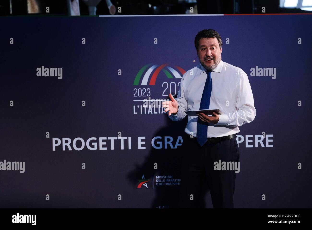 L Italia dei si, Minister of Infrastructure and Transport Matteo Salvini in Naples L Italia dei si, projects and major works in Italy , the travelling presentation of the country s infrastructure projects by Deputy Prime Minister and Minister of Infrastructure and Transport Matteo Salvini, was illustrated at the Pietrarsa National Railway Museum, Portici Na. ABP04798 Copyright: xAntonioxBalascox Stock Photo