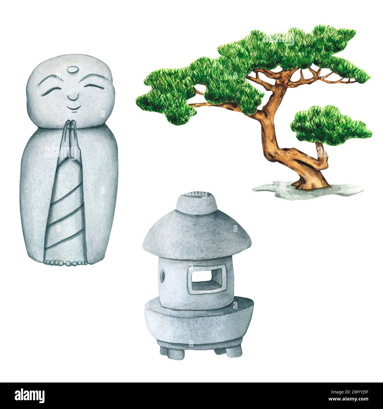 Japanese Stone Lantern and Bonsai tree of Pine for the Garden hand drawn in watercolor isolated. Hand drawn Watercolor illustration sculpture. Stone Stock Photo