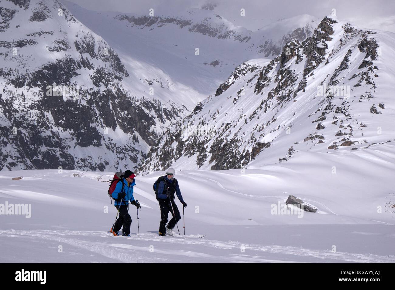 Backcountry ski touring in the Selkirk Mountains Battle Range near Golden, British Columbia Stock Photo