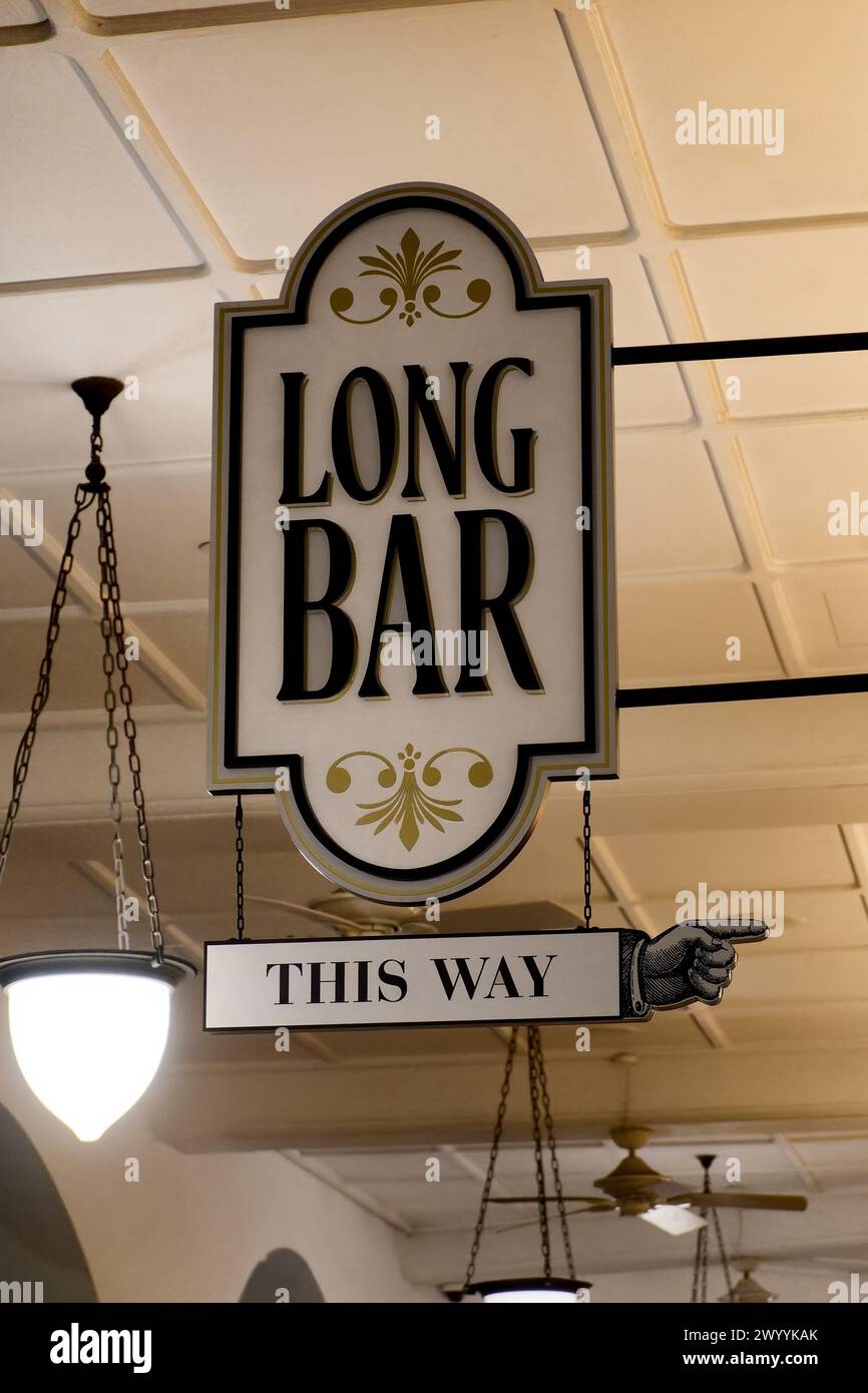 Sign for the iconic Long Bar, a famous part of the Raffles Hotel, a landmark of Singapore, Asia Stock Photo
