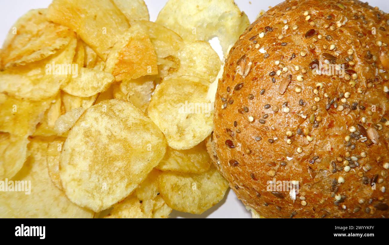 A plate of crisps and a cheese roll Stock Photo - Alamy