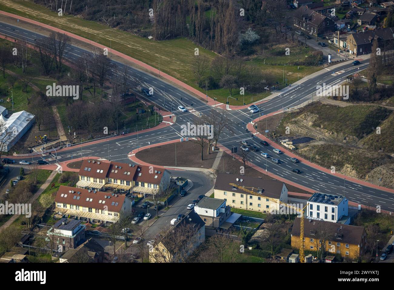 Aerial view, redesign of the intersection of Fritz-Schupp-Straße and Warbruckstraße, Marxloh, Duisburg, Ruhr area, North Rhine-Westphalia, Germany, Du Stock Photo